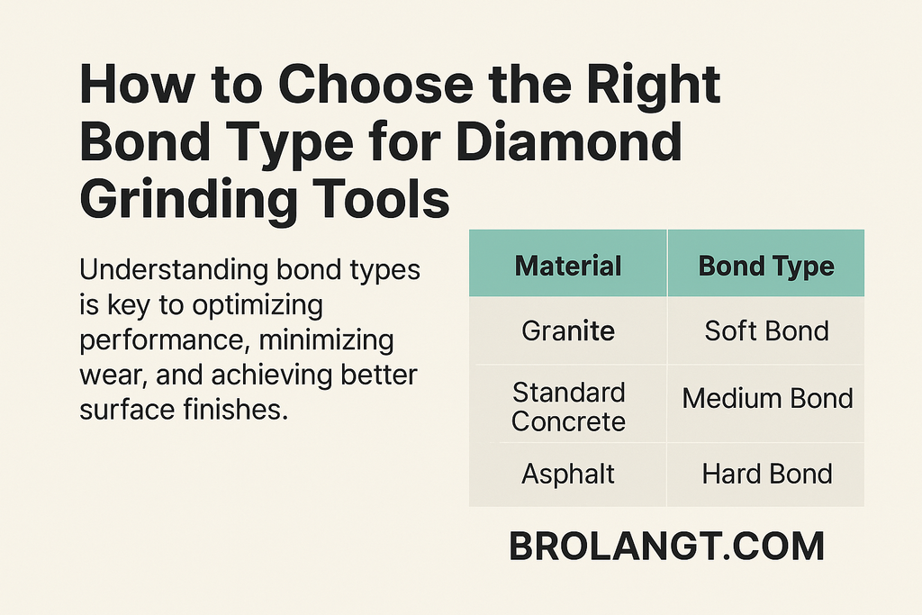 Bond types comparison chart for diamond grinding tools showing hard, medium, and soft bonds with suitable materials and applications