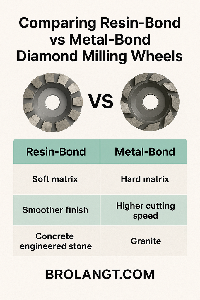 Infographic comparing resin-bond and metal-bond diamond milling wheels, highlighting differences in durability, cutting speed, cost, and best applications for each – designed by BROLANGT.com