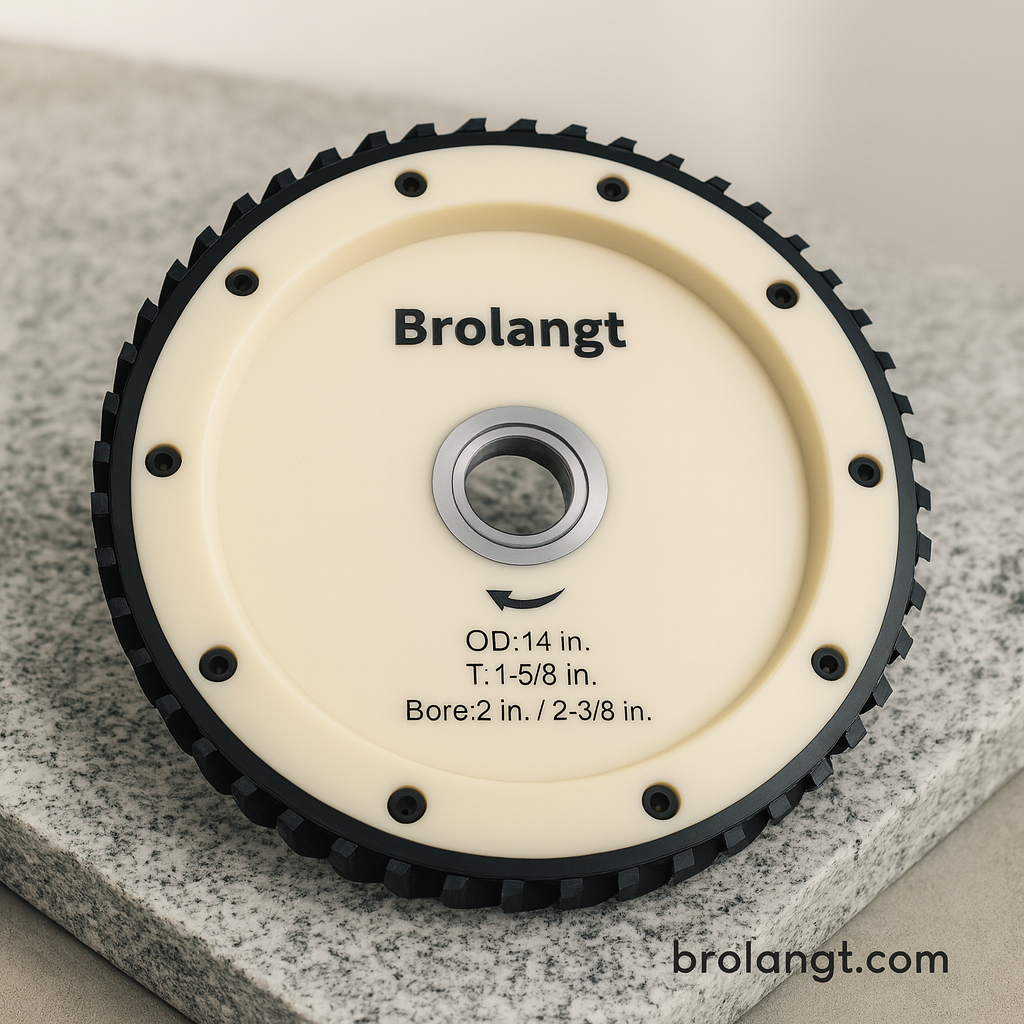 Brolangt 14 inch silent core diamond milling wheel displayed on granite slab with brand text brolangt.com for professional blog visual.