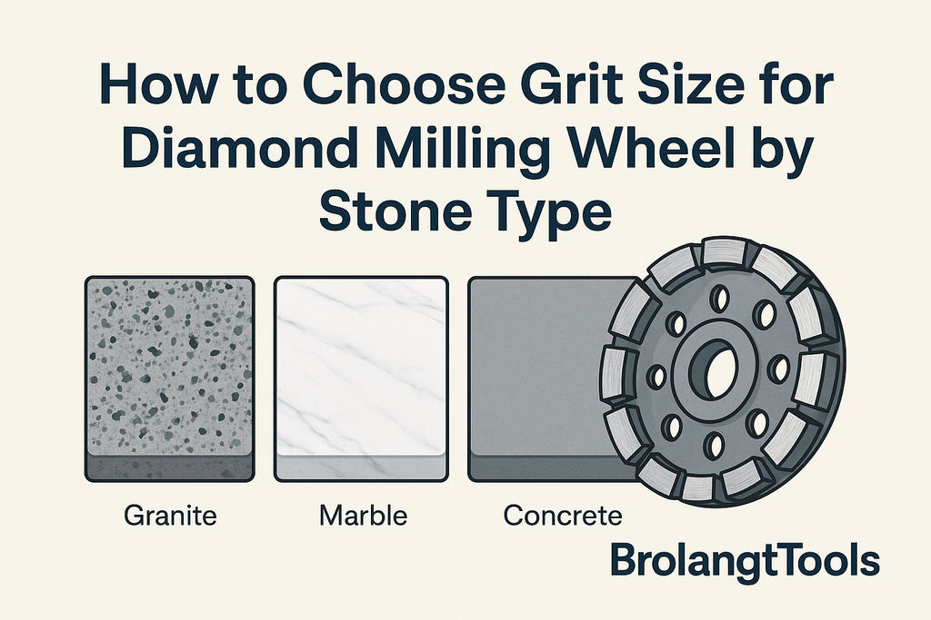 BrolangtTools blog header image showing granite, marble, and concrete slabs alongside a diamond milling wheel with the title How to Choose Grit Size for Diamond Milling Wheel by Stone Type.