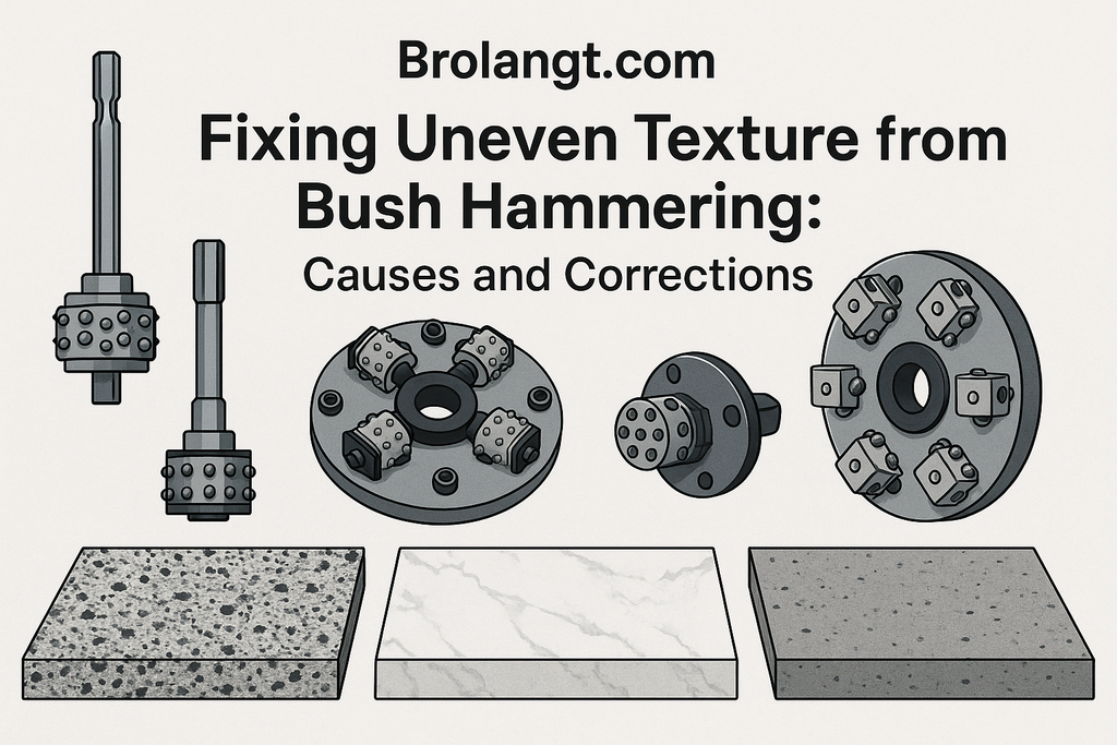 Brolangt blog header image showing bush hammer tools with granite, marble and concrete slabs, featuring title Fixing Uneven Texture from Bush Hammering