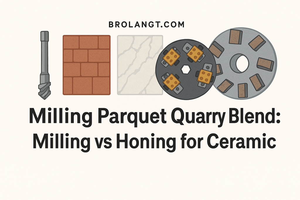 Brolangt blog header image showing ceramic parquet quarry blend tiles with milling and honing tools, featuring title Milling Parquet Quarry Blend: Milling vs Honing for Ceramic