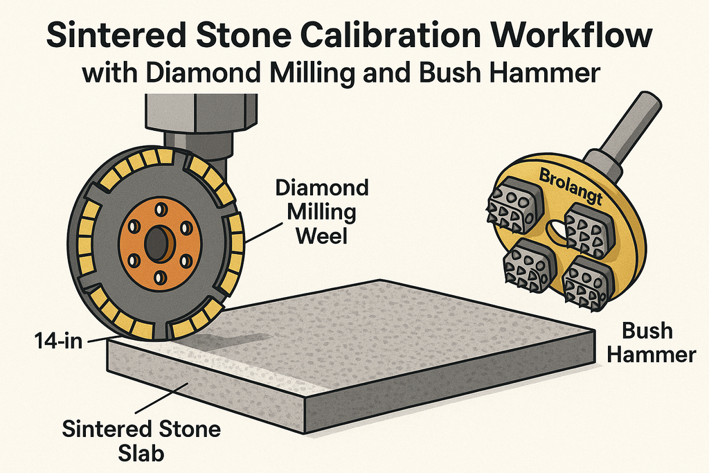 Brolangt sintered stone calibration workflow illustration showing diamond milling wheel and bush hammer working on stone slab, professional industrial design