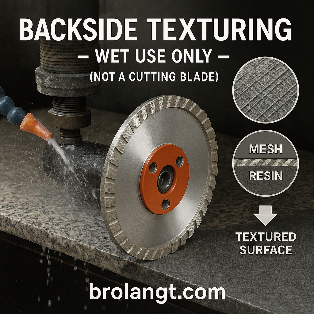 Backside texturing process on a stone slab using a 14 inch silent core diamond milling wheel with water cooling, showing mesh and resin bonding illustration, brolangt.com