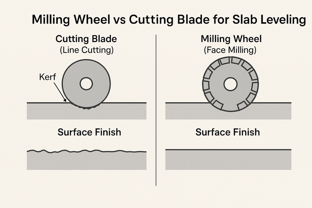 Infographic comparing a cutting blade and a milling wheel for slab leveling, showing line cutting vs. face milling principles and their resulting surface finishes.