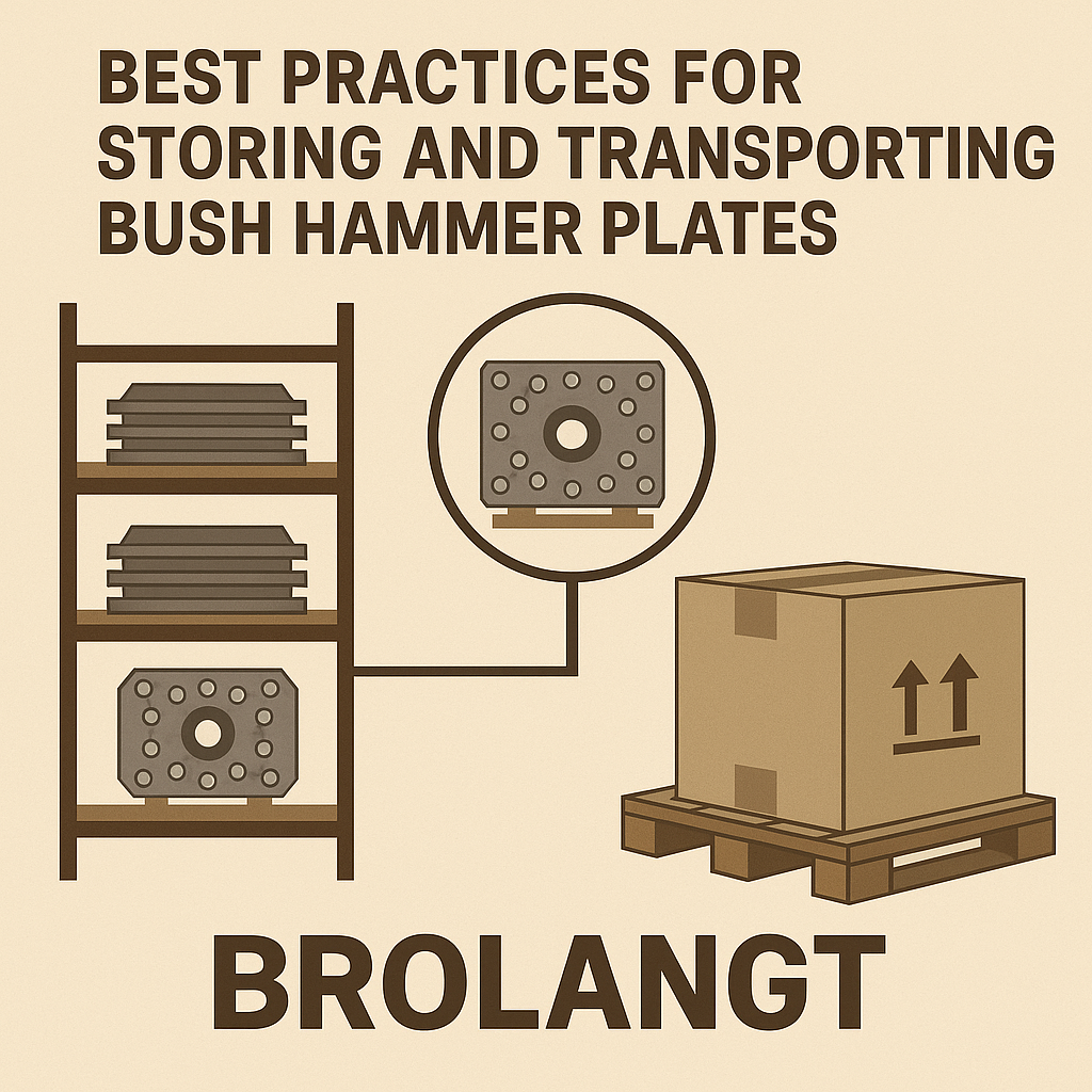 Brolangt blog header illustration showing bush hammer plates safely stored on shelves and transported in crates, highlighting professional tool care practices