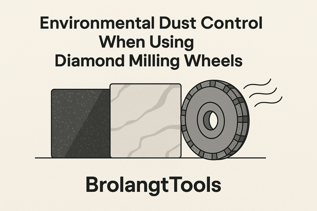 BrolangtTools blog header image showing granite, marble, and concrete slabs with a diamond milling wheel and dust control theme, titled Environmental Dust Control When Using Diamond Milling Wheels.