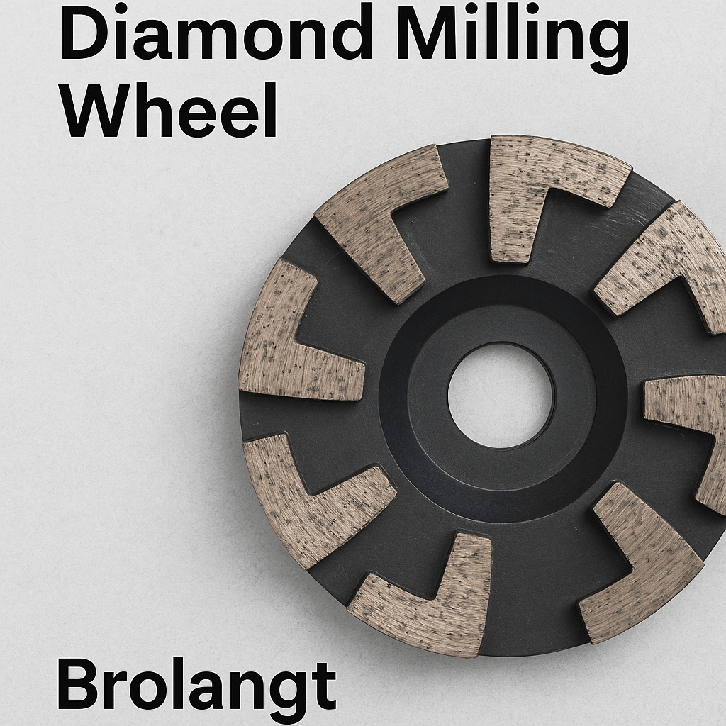 Professional diamond milling wheel with worn and reconditioned segments comparison, industrial tool branding with brolangt.com for stone and concrete milling