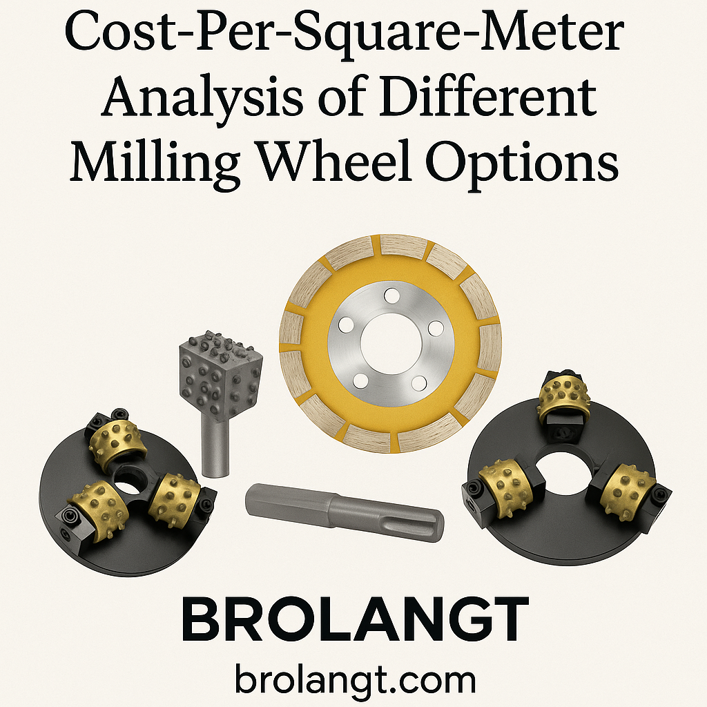 Cost-per-square-meter analysis with Brolangt milling wheels including bush hammer plates, SDS bush hammer tools, and silent core diamond wheel displayed on concrete background