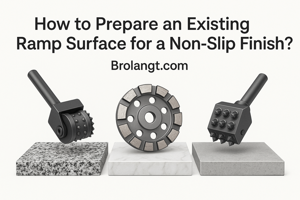 Brolangt.com blog header image for article How to Prepare an Existing Ramp Surface for a Non-Slip Finish, featuring bush hammer and diamond milling tools with granite, marble, and concrete slabs in a clean modern layout.