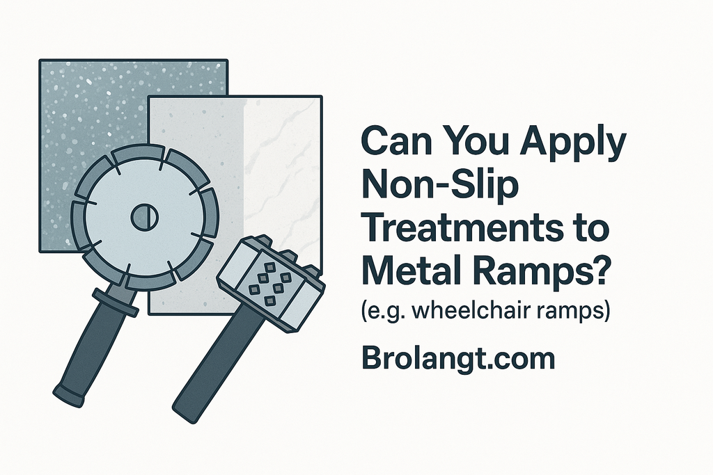 Brolangt.com blog header image showing non slip treatment tools with granite marble and concrete slabs including the title Can You Apply Non Slip Treatments to Metal Ramps e.g. wheelchair ramps