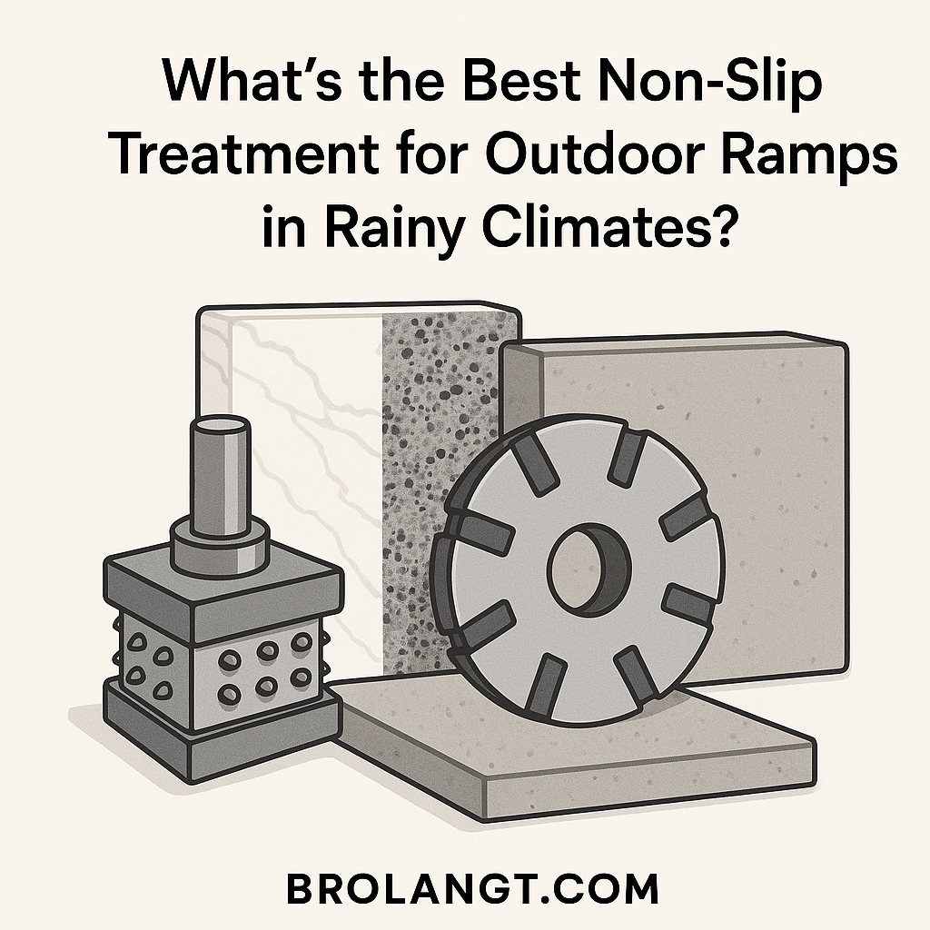 Brolangt.com blog header showing bush hammer and diamond milling wheel with granite marble and concrete slabs for non slip ramp treatment