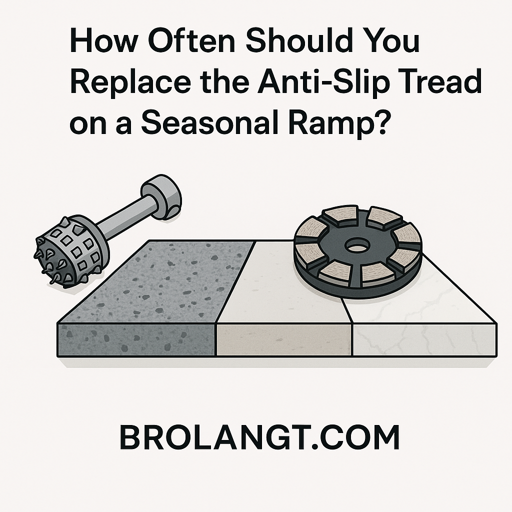 Brolangt.com blog header showing bush hammer and diamond milling wheel with granite marble and concrete slabs featuring the title How Often Should You Replace the Anti Slip Tread on a Seasonal Ramp