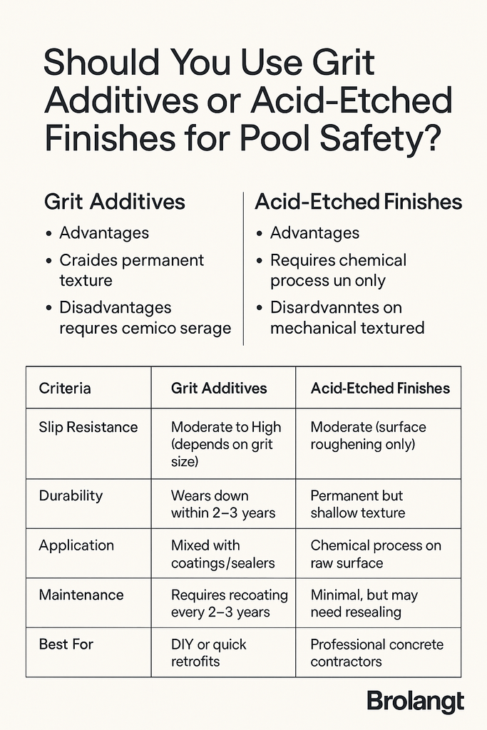 Comparison infographic of grit additives and acid etched finishes for pool safety with slip resistance durability application and Brolangt branding