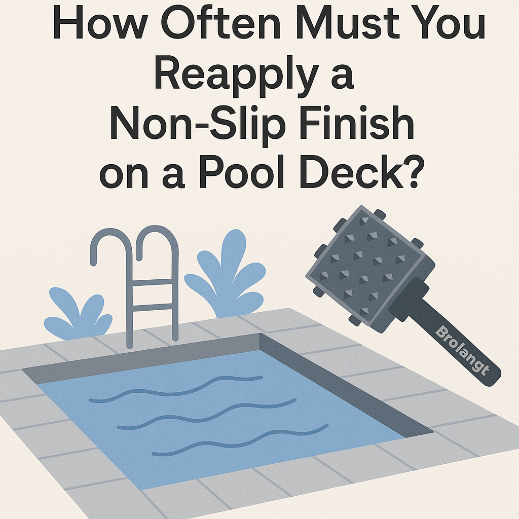 Brolangt pool deck non slip finish reapplication illustration with bush hammer tool and swimming pool scene