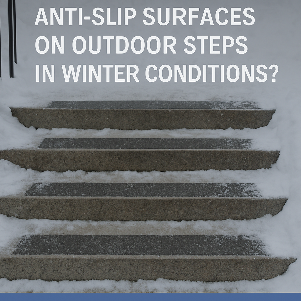 Snow-covered outdoor concrete steps with visible anti-slip textured strips, highlighting winter safety maintenance with branding brolangt.com