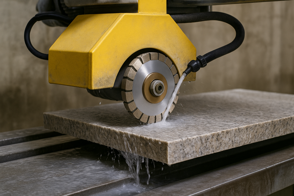 bridge saw slab calibration with diamond milling wheel wet operation