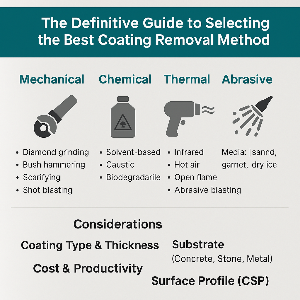 Infographic showing coating removal methods including mechanical, chemical, thermal and abrasive, with key considerations such as coating type, substrate, cost, productivity and surface profile.