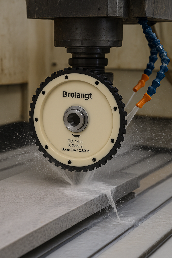 Brolangt 14-inch silent-core diamond milling wheel installed on a stone CNC machine, dual 50/60 mm bore, shown in real cutting operation.