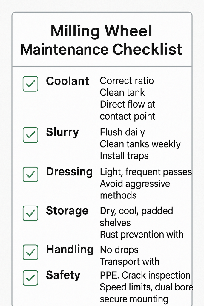 Milling Wheel Maintenance Checklist infographic showing coolant ratios, slurry removal, light dressing, storage practices, safe handling, and PPE requirements