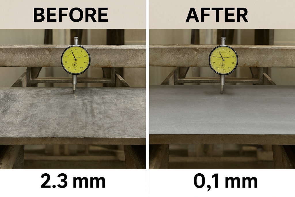 Before and after comparison of a concrete saw bed leveling case study showing dial indicator measurement improving from 2.3 mm to 0.1 mm flatness